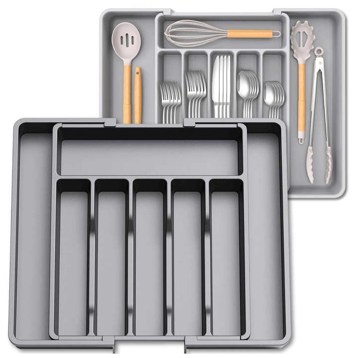 Organizator pentru tacamuri, EdiBazzar, extensibil, 8 compartimente, gri, 38x57x6 cm