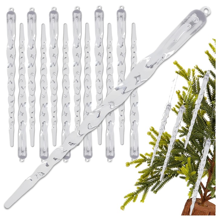 Set 12 icre de brad transparente, 15x1cm, efect de gheata, PVC