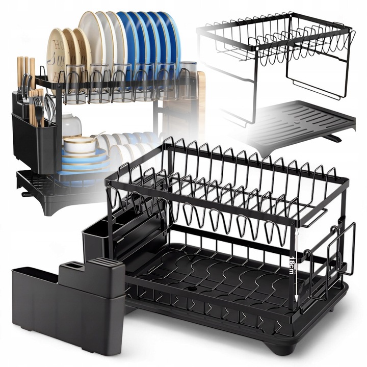 Suport De Uscare Cu Doua Niveluri, Tava De Scurgere Si Cos Pentru Tacamuri, Kanza, Metal Cu Acoperire Anticoroziva, Sistem Automat De Drenare A Apei, Montaj Rapid, Fara Unelte, Suporturi Suplimentare Pentru Tacamuri Si Tocator