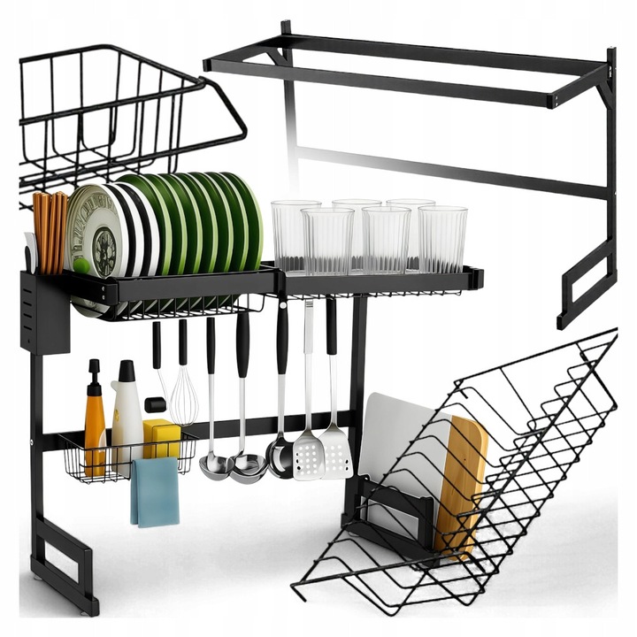 Suport Pentru Vase Cu Doua Niveluri, Kanza, Material Otel Vopsit Electrostatic, Capacitate Pana La 23 kg, Suporturi Suplimentare Pentru Tocatoare, Cutite Si Ustensile De Bucatarie, Ventuze Stabile, Materiale De Calitate Superioara