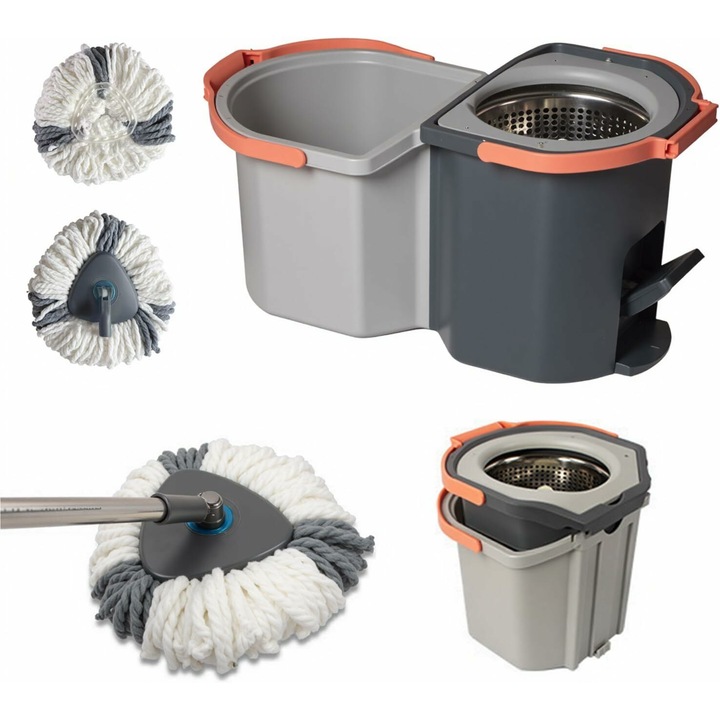Pepita Spin Mop cu pedala, set 2 canistre Mop cu cap rotativ 360°, +1 cap de rezerva