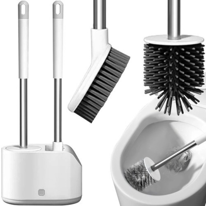 Set perii toaleta, Aurea, 2 bucati, alb, gri, perie rotunda silicon TPR, perie plata, recipient colectare apa, curatare eficienta colturi, fara zgarieturi, igienic