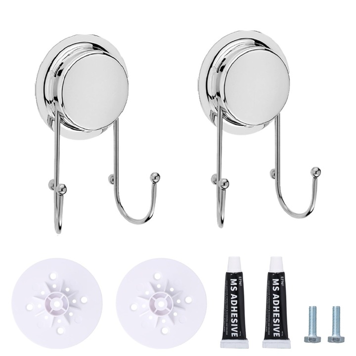 Carlige Adezive, Gudalea, Set 2 Bucati, Suport Puternic Vacuumb, Inox, Argintiu