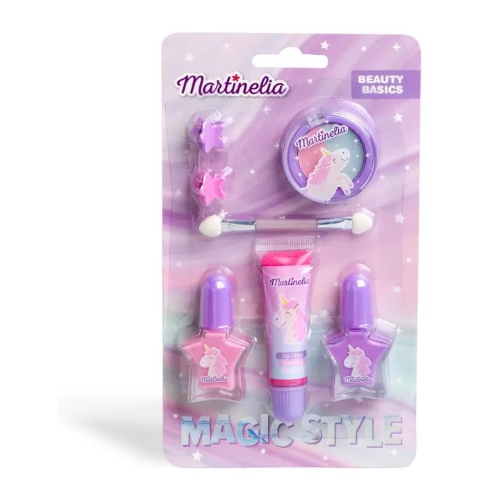 Set Martinelia Little Unicorn 7 cosmetice copii, 2 lacuri de unghii, luciu de buze, paleta farduri, agrafe, multicolor