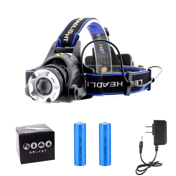 Мощен фенер DUAIU LED, 12000 лумена, 800 метра, 2 акумулаторни батерии 18650 Li, Черен