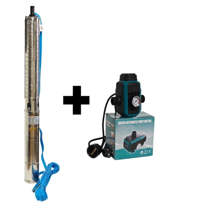 Kit Pompa submersibila de adancime DDT 4SP5/17 – 2 kW, 3 CP, 9 m³/h, 120 m inaltimea de refulare, 17 turbine inox, cu panou de control, rezistenta la nisip+ Presostat electronic inteligent digital