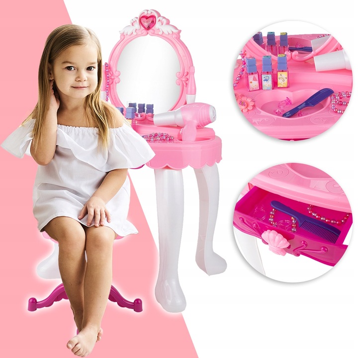 Masa de machiaj pentru copii Selgot, set cu accesorii și scaunel, dimensiune 45x30x72 cm, multicolor