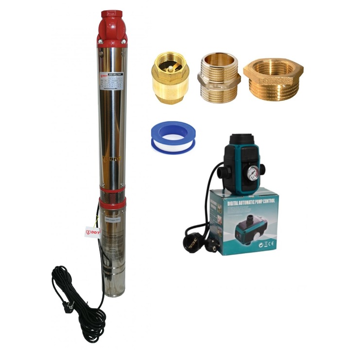 Kit Pompa submersibilă DDT QJD12-120-1.8, 1800W, inox, presostat electronic inteligent, 1.5 toli, 120m refulare, 15m cablu