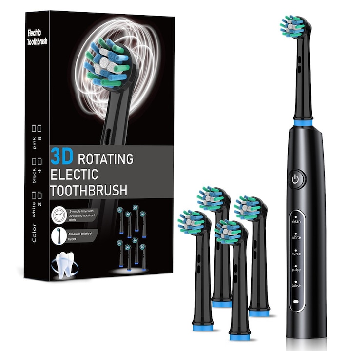Periuta de Dinti Electrica, Rotativa, 5 Moduri, 8000 Pulsatii/min, IPX7 Waterproof, 4 Capete, Perii DuPont, Culoare Negru