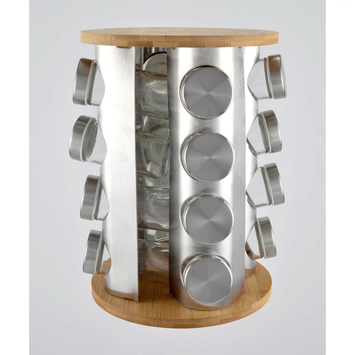 Suport rotativ pentru condimente Perfect Home, 16 recipiente din bambus și inox