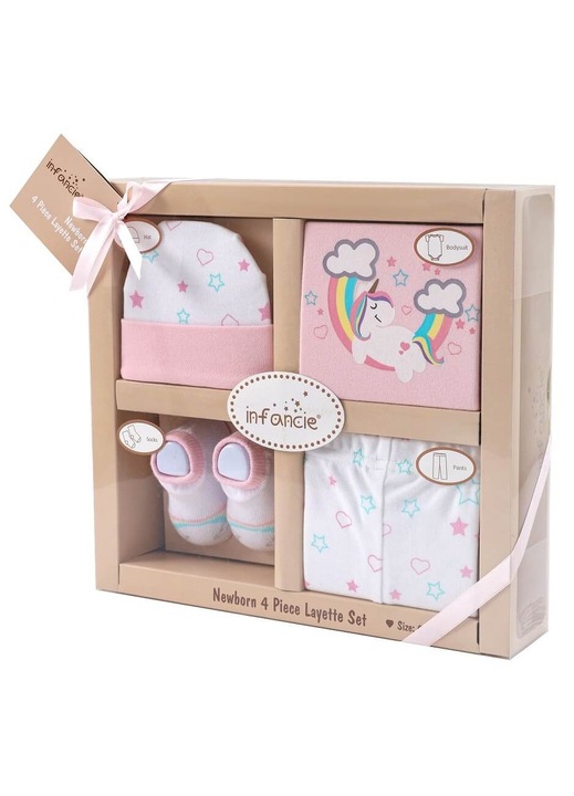 Set cadou nou nascuti, 4 piese din bumbac, model unicorn, Infancie