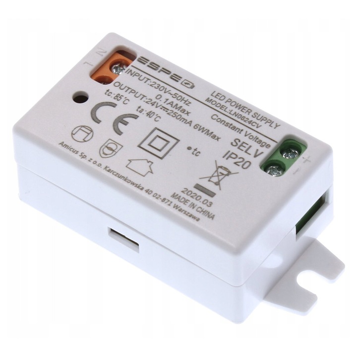Alimentator LED, ESPE, 24V 0,25A 6W, alb, 67x51x21mm