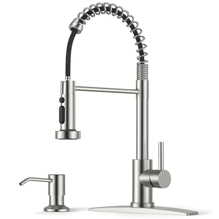 Baterie Chiuveta Bucatarie Argintie Elindor® Robinet de Apa Modern, cu Suport Incastrat pentru Sapun, Jet Reglabil, Cap Dus Extractabil cu Trei Functii, Monocomanda, pentru Bucatarie, Otel Inoxidabil, Finisaj Mat