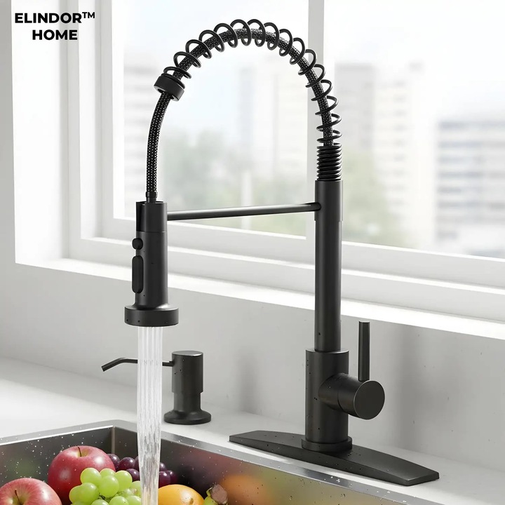 Elindor® Fekete Konyhai Csaptelep Modern Vízcsap, Beépített Szappantartóval, Állítható Sugárral, Kihúzható Zuhanyfejjel Három Funkcióval, Egykaros, Konyhába, Rozsdamentes Acél, Matt Felület