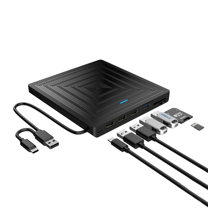 DVD Writer Extern Portabil Slim, USB 3.0, CD, DVD +/-, RW, Multifunctional, 3x USB-A 2.0, 1x USB-C 3.0, Cititor De Carduri TF SD, Reader DVD Player Compatibil Laptop/Desktop/Macbook/iMac, Windows 11/10/8/7/XP, Linux OS, Mac OS, Negru