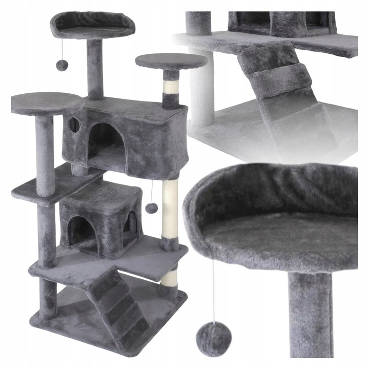 Stalp de zgariat pentru pisici Kanza, 130 cm, multilevel, cu jucării suspendate, material sisal