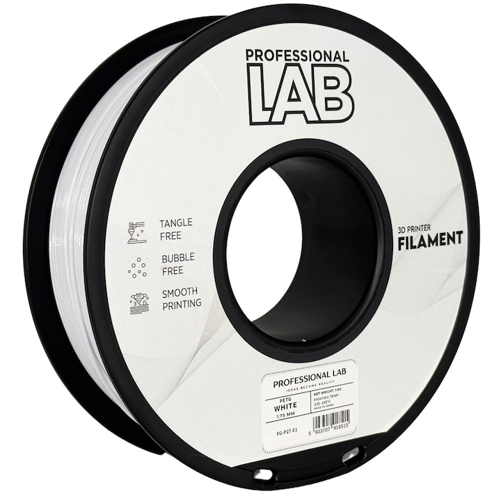 Filament pentru imprimante 3D, PETG, Profesional Lab, Alb, 1.75 mm, 1 kg
