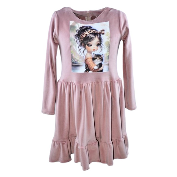 Rochie cu maneca lunga, din catifea, pentru fete, Catherine R0311R, Roz 124497