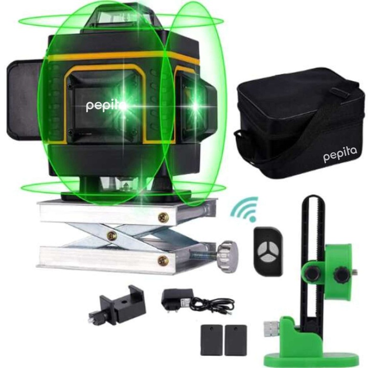 Niveler laser Pepita 4D, fascicul 360°, rezistent la apă IP54, lumină verde, set cu suport de perete și 2 baterii