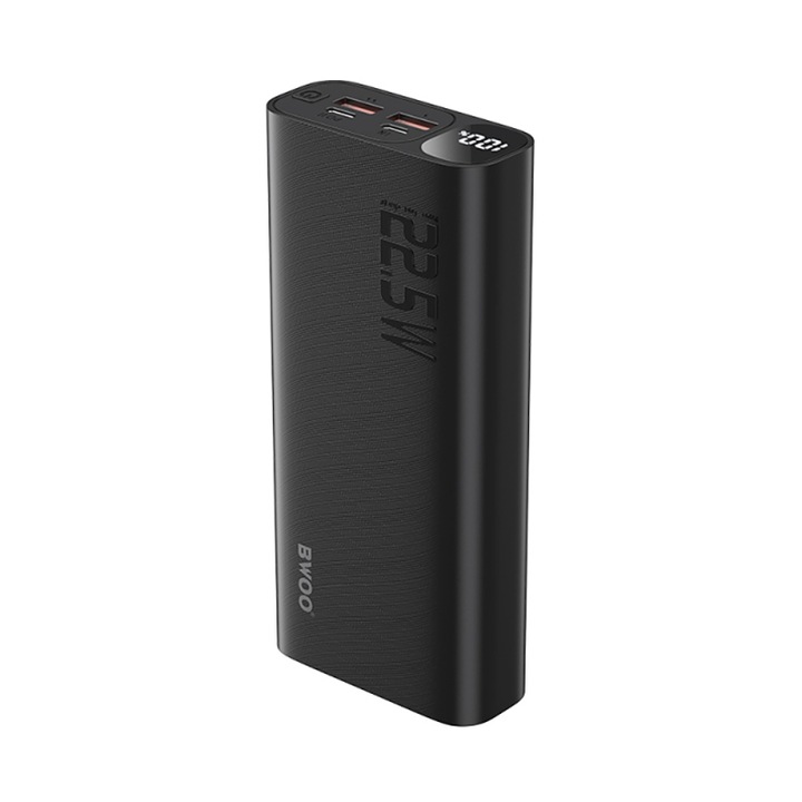 Külső akkumulátor, BWOO BO-P44, 20000mAh, 22.5W, QC + PD, 1 x USB-C - 2 x USB-A, Fekete
