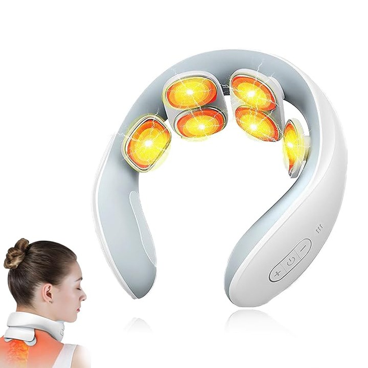 Aparat masaj cervical, BOMSTOM, cu impulsuri electromagnetice, cu incalzire, portabil, 6 capete de masaj, 6 moduri de masaj, 15 nivele de intensitate, USB, alb