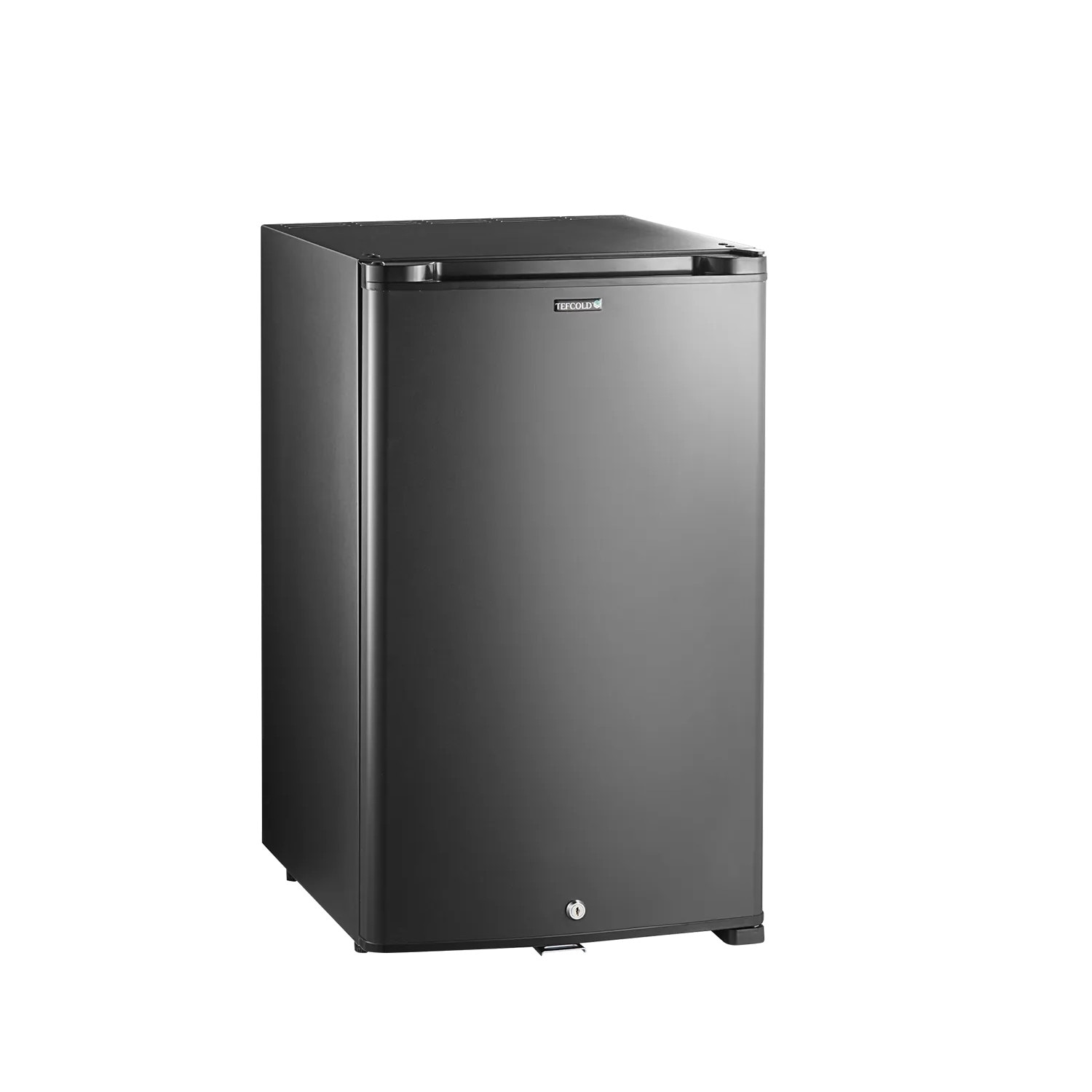 Frigider minibar TEFCOLD, TM55, H 56 cm, volum 41 litri, ideal pentru HoReCa, birou, rulota, iluminare interioara LED, temperatura reglabila 0-10°C, 3 rafturi ajustabile, 3 rafturi pe usa, extrem de silentios, incuietoare, usa reversibila, negru