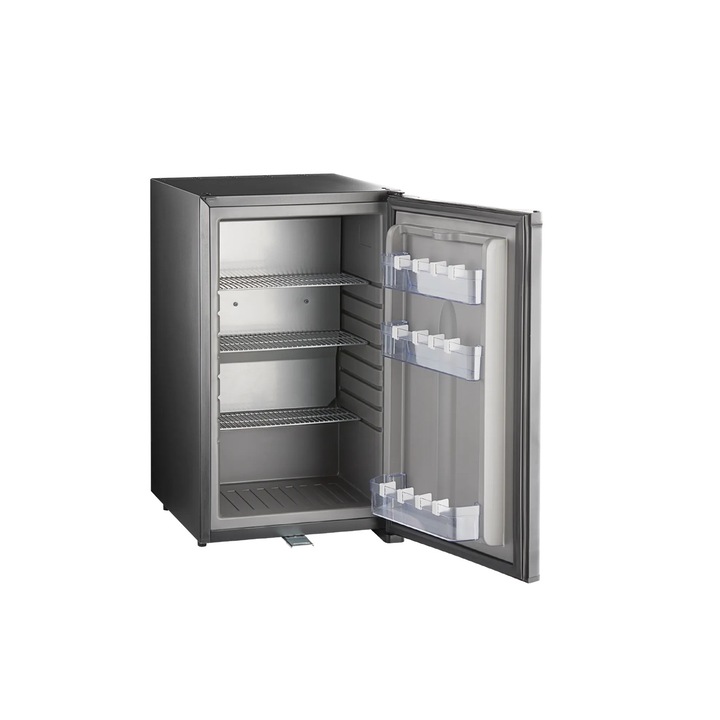 Frigider minibar TEFCOLD, TM55, H 56 cm, volum 41 litri, ideal pentru HoReCa, birou, rulota, iluminare interioara LED, temperatura reglabila 0-10°C, 3 rafturi ajustabile, 3 rafturi pe usa, extrem de silentios, incuietoare, usa reversibila, negru