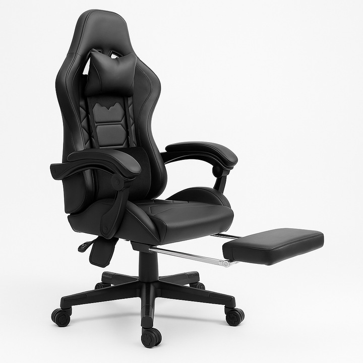 Scaun gaming Zendeco B216, negru, sezlong cu suport picioare, textil ventilabil