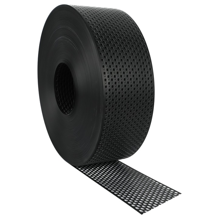 Grilaj de jgheab, PVC Eurovent, 100mm x 60m, negru RAL 9005, protectie impotriva pasarilor si rozatoarelor