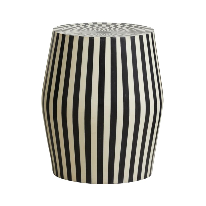 Masa laterala Furnlux Taura, 41cm, dungi alb-negru, din rasina si lemn de mango