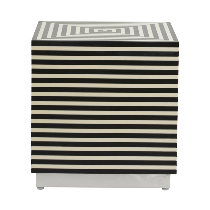 Masa de cafea Furnlux Taura, 46cm, dungi alb-negru, din rasina si lemn de mango