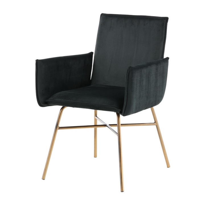 Scaun modern Furnlux Petra, negru si auriu, 57cm, din catifea si poliester, picioare din fier