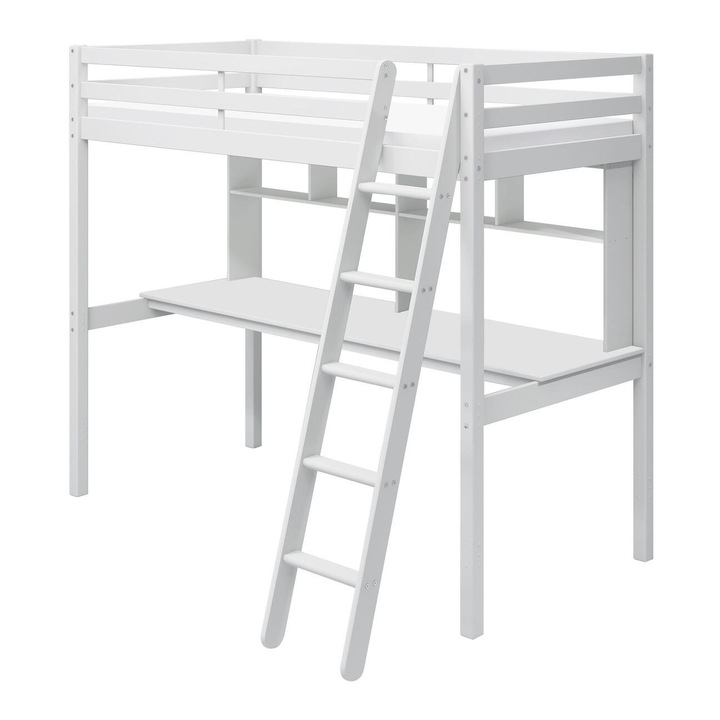 Pat supraetajat, Furnlux alb 90x200 cm cu birou si rafturi