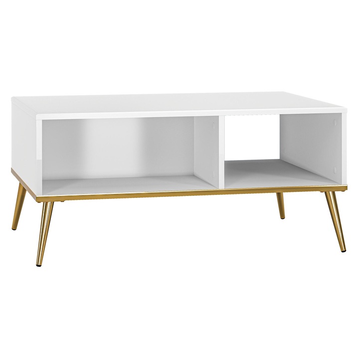 Masa de cafea Furnlux, alb lucios si auriu, 90 cm, cu 3 rafturi deschise