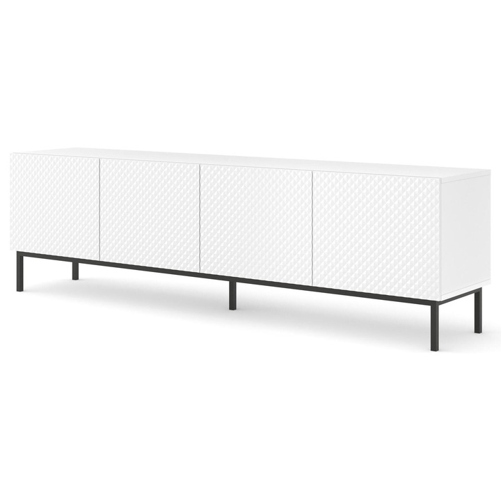 Comoda TV set Ravenna, alb lucios, 58x200x42 cm, cu usi negre