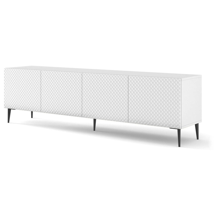 Comoda TV Furnlux Ravenna C Alb Glossy 56x200x42cm, 4 usi, picioare negre