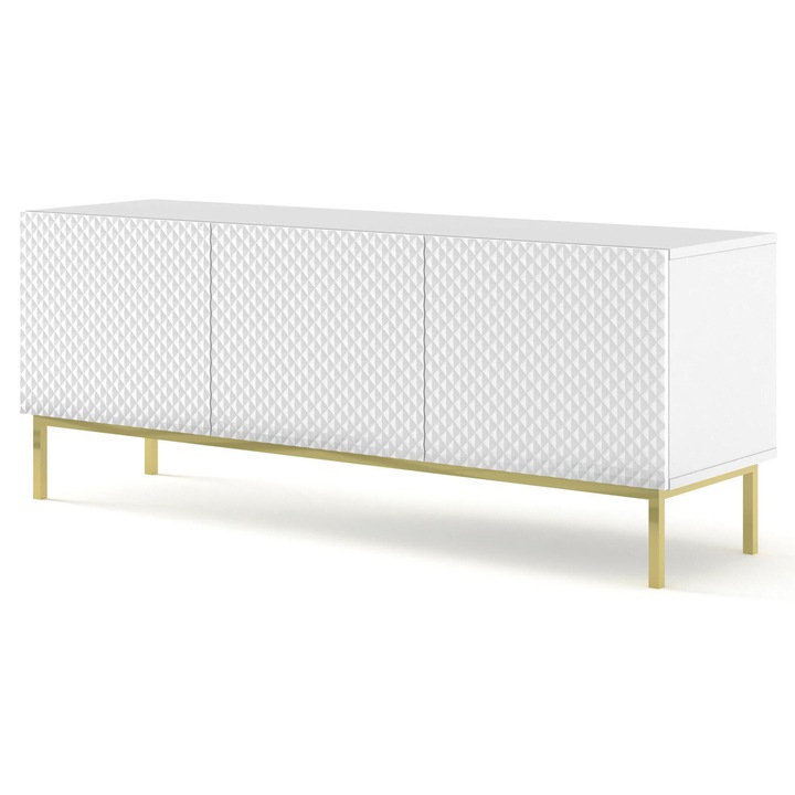 Comoda TV Furnlux Ravenna C Alb Lucios 58x150x42cm cu Accente Aurii, 3 Usi