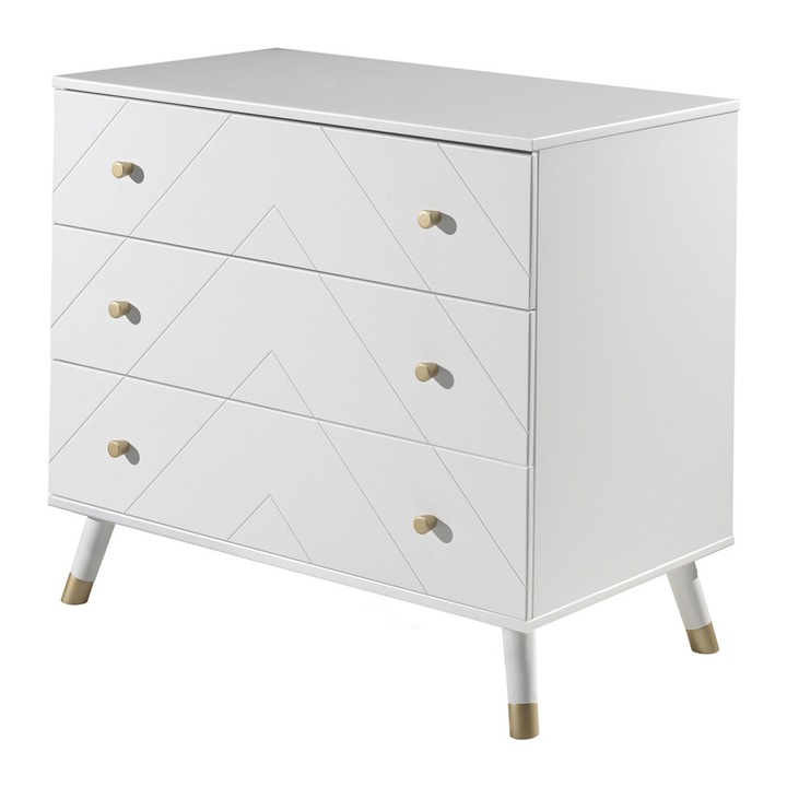 Comoda Furnlux Billy alb 100cm, 3 sertare, finisaj grafic, manere aurii