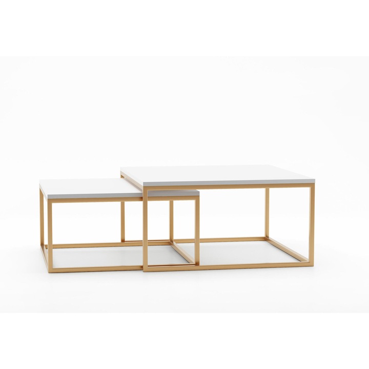 Set mese DUAL, Furnlux, alb si auriu, 39x76x76 cm si masa mica