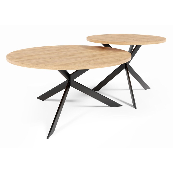 Set mese de cafea Furnlux, lemn natural, 36x75x75cm, culoare stejar si negru