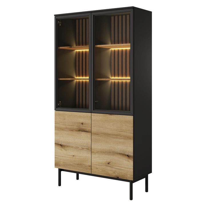 Vitrina Furnlux, 100 cm, stejar/negru, iluminare LED