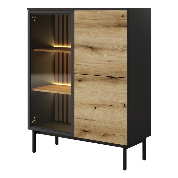 Vitrina Furnlux, stejar/negru, 100 cm, iluminare LED