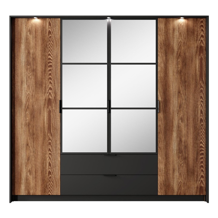 Dulap Furnlux, 210x224x59cm, 4 usi, 10 rafturi, 2 sertare, maro/negru