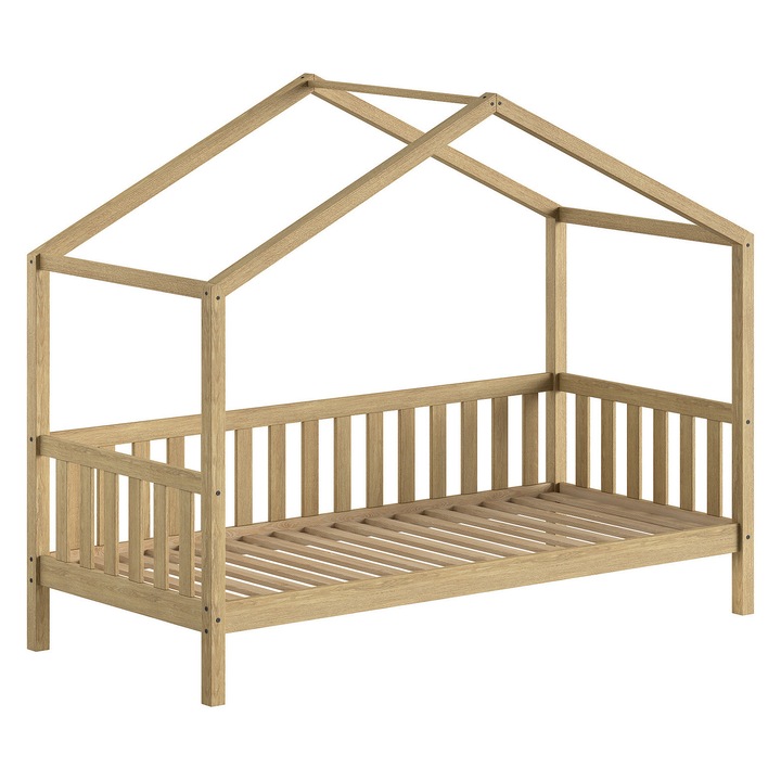 Детско легло Furnlux, модел къща, 90x200 см, бежово, с парапет от три страни