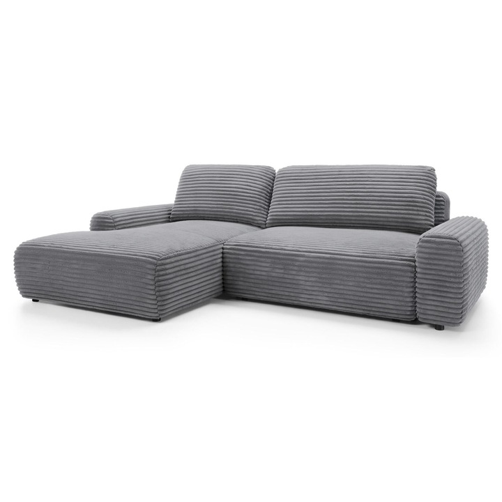 Canapea coltar Furnlux Cord gri si negru, 264x162cm, locuri 4-5, zona de dormit extensibila, container pentru lenjerie