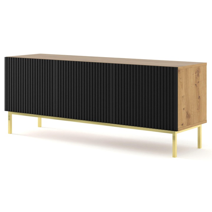 Comoda TV Furnlux Ravenna, stejar artisan si negru cu accente aurii, 150x58x42 cm, 3 rafturi, 3 usi