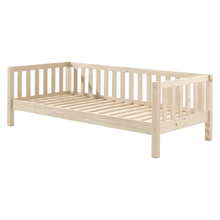 Детско легло Furnlux, 90x200 см, млечен бор, минималистичен дизайн, тристранен парапет