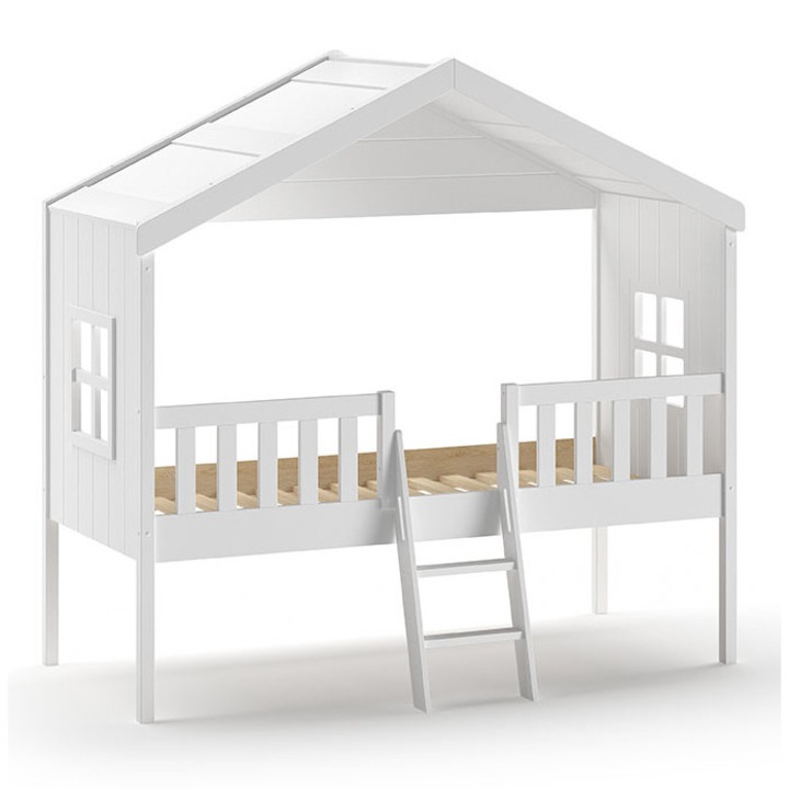 Детско легло Furnlux, HOUSEBED, бяло, 90x200см, стълби