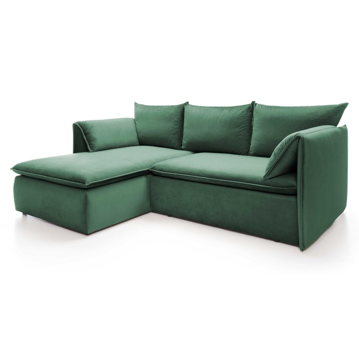 Canapea coltara, Furnlux, verde, 230x166cm, 3-4 locuri, cu zona de dormit si compartiment pentru lenjerie