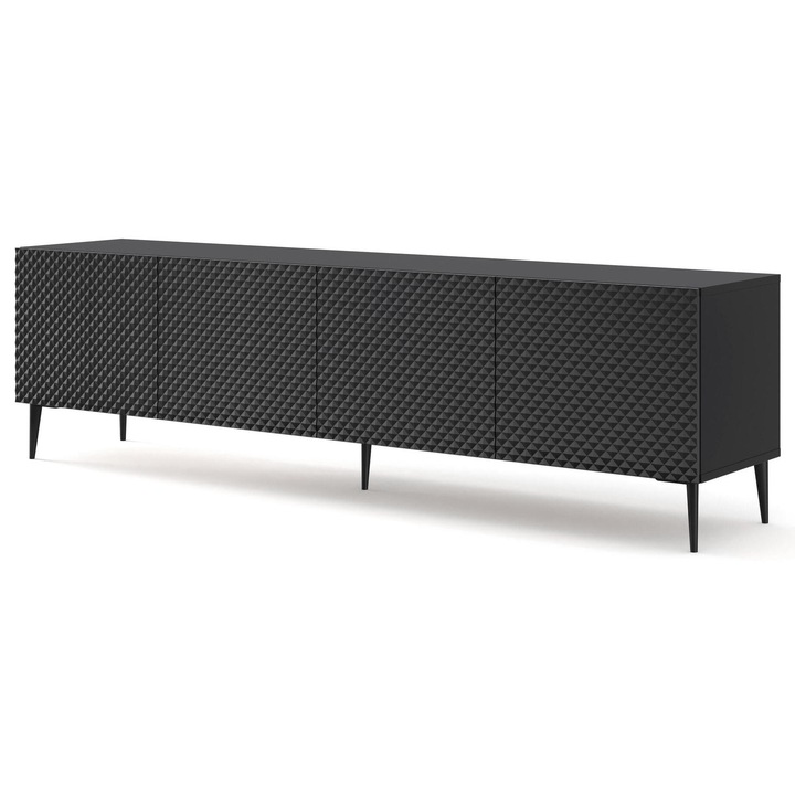 Comoda TV Furnlux Ravenna C, neagra si negru lucios, 56x200x42 cm, 4 usi